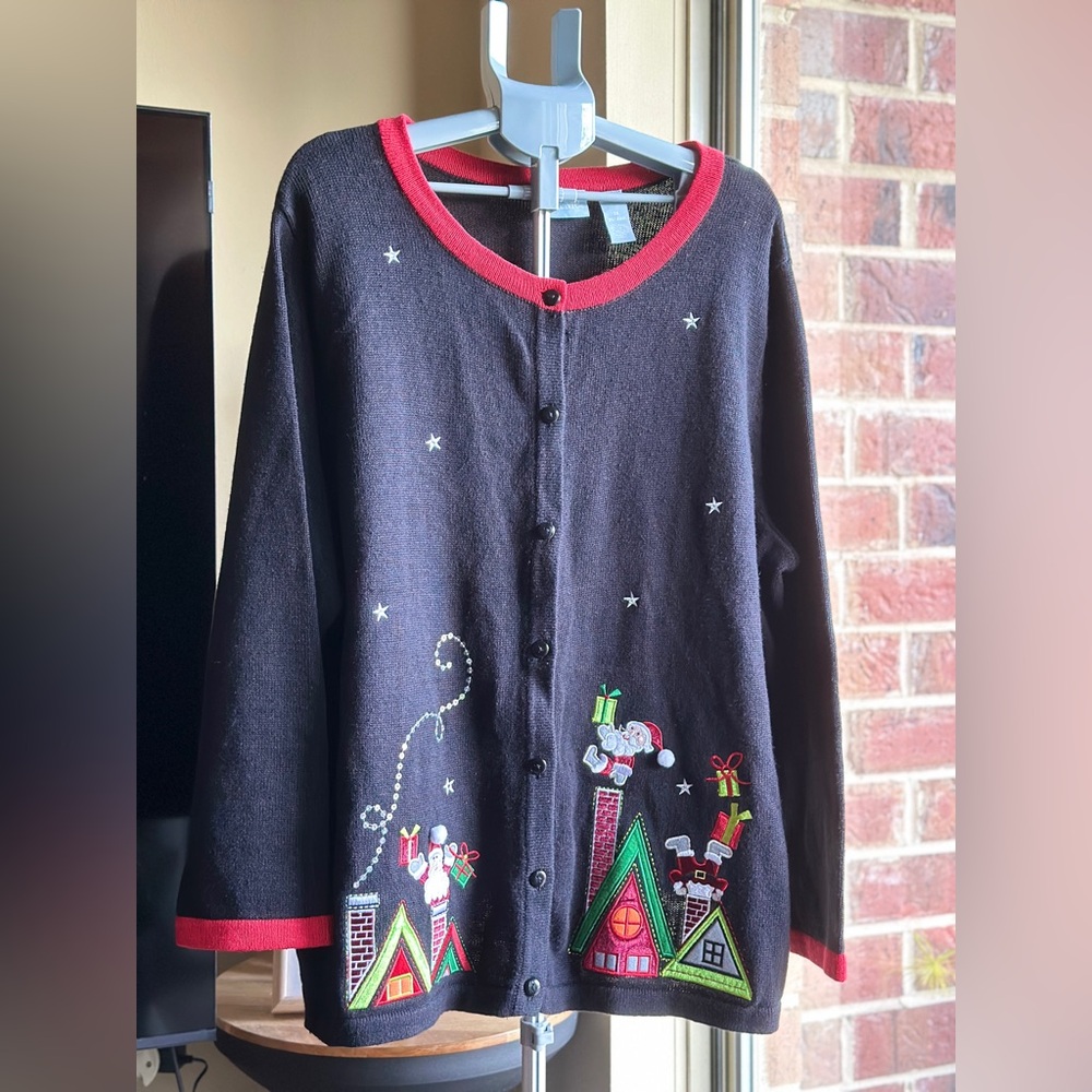 Christmas Vibes Black Cardigan with Red Trim